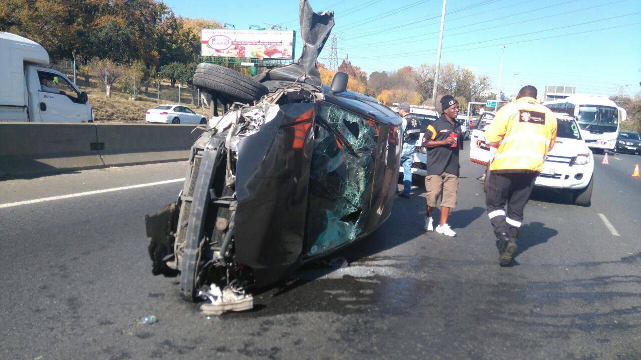 One injured in rollover on the M1 North just before Grayston Drive in Wynberg