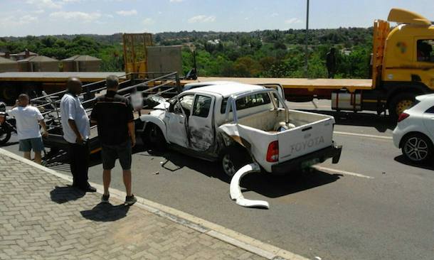 Bakkie with a trailer collides into stationary truck, Malibongwe Drive, Strijdom Park JHB