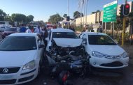 Three cars and a bike in collision at intersection in Pretoria