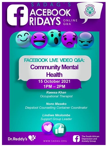 Join SADAG's Facebook LIVE Video focusing on Community Mental Health from 1pm - 2pm