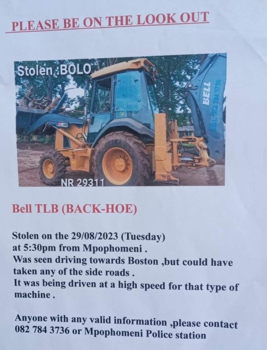 Search for an excavator stolen from Mpophomeni