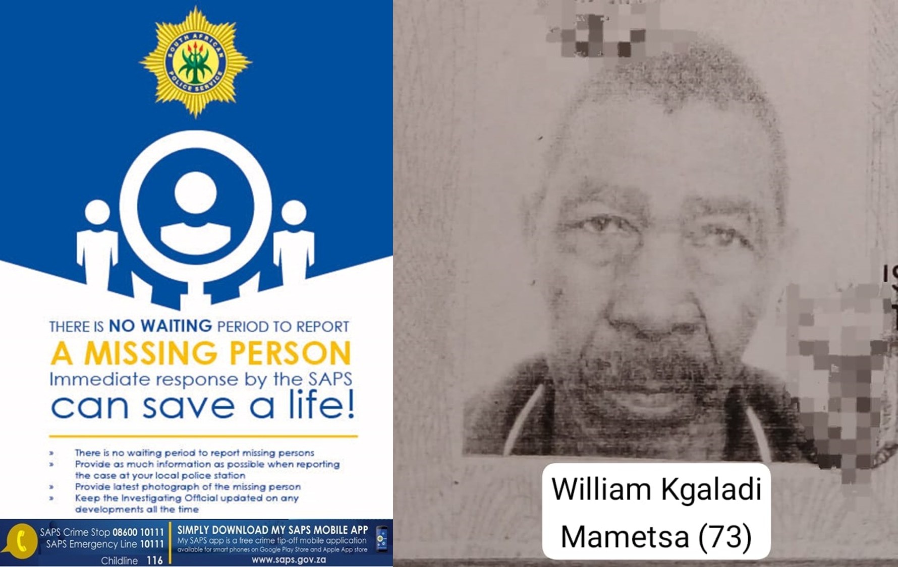 Help in reuniting Mr William Kgaladi Mametsa with his family