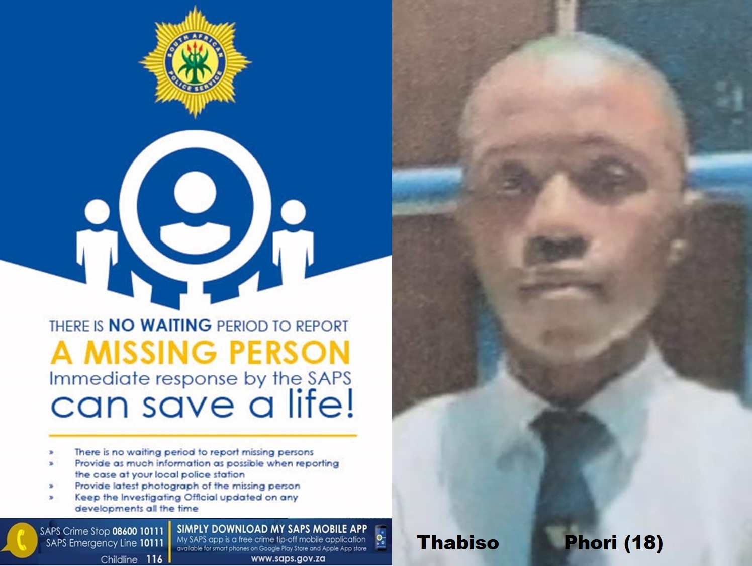 Thabiso Phori went missing after visiting a tavern in Odendaalsrus CBD
