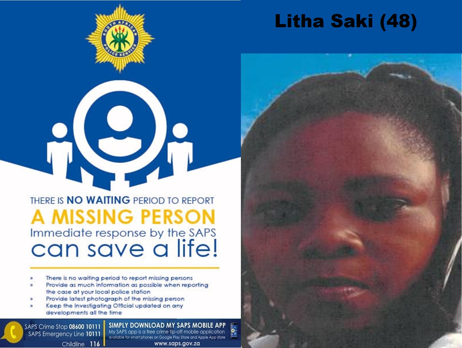 Honeydew SAPS seek public assistance in locating a missing woman named Litha Saki