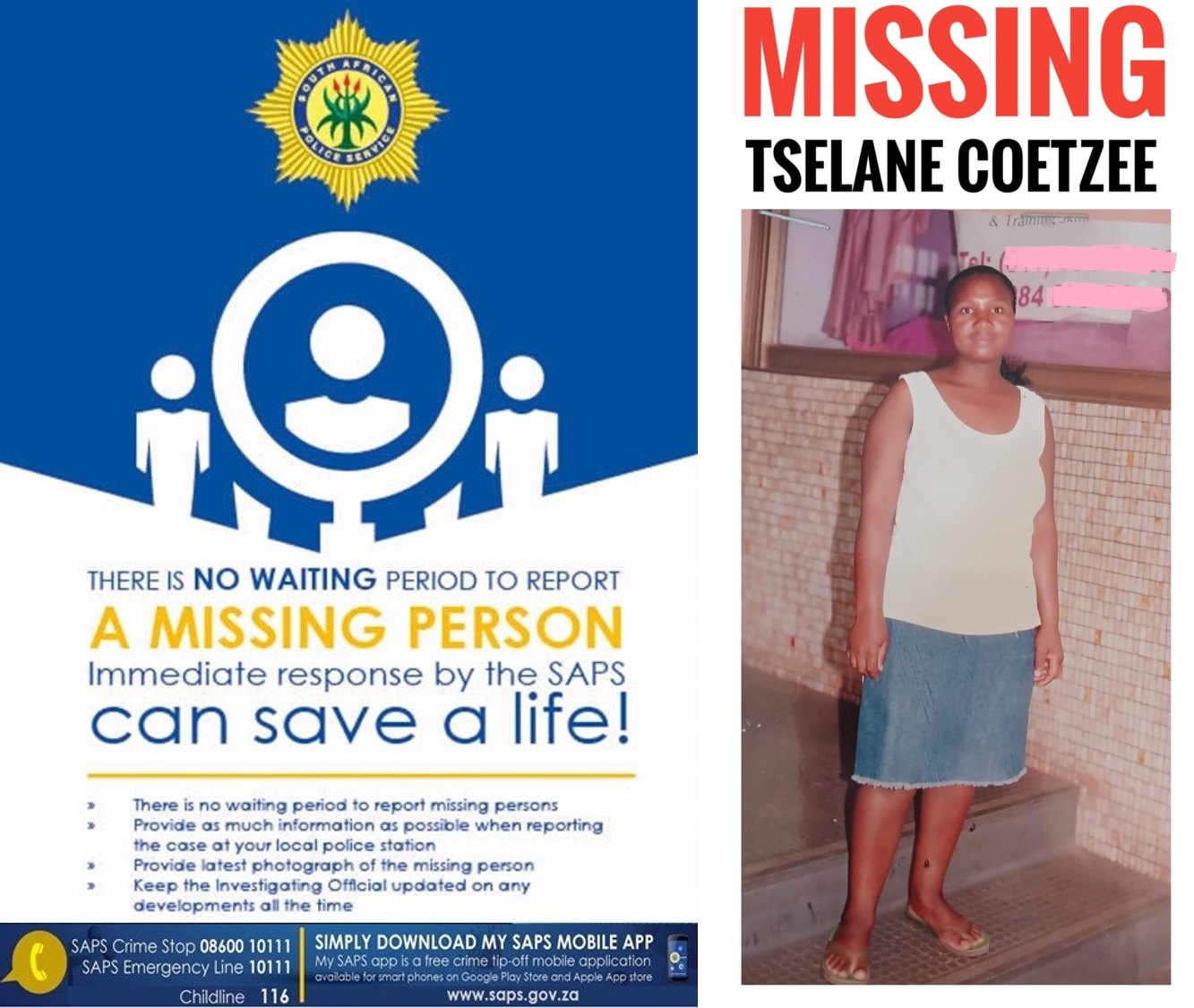 Assist police to find missing Tselane Coetzee