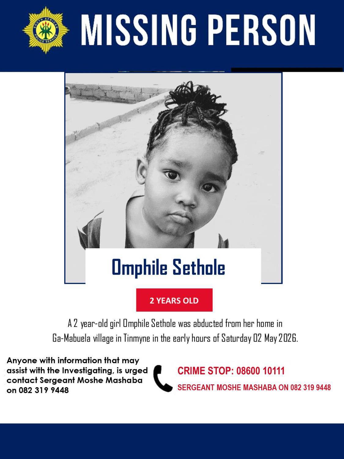 Grandparents of missing 2-year-old Omphile Sethole arrested for alleged child negligence