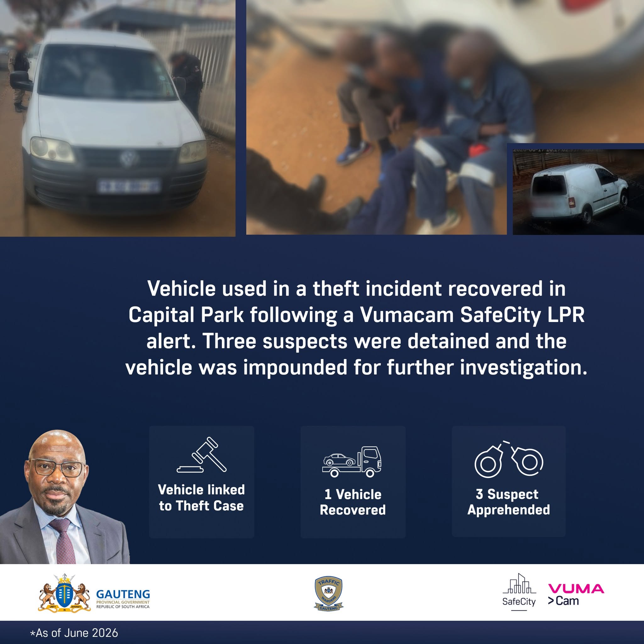 A vehicle was recovered after being identified through the Vumacam SafeCity Licence Plate Recognition (LPR) network