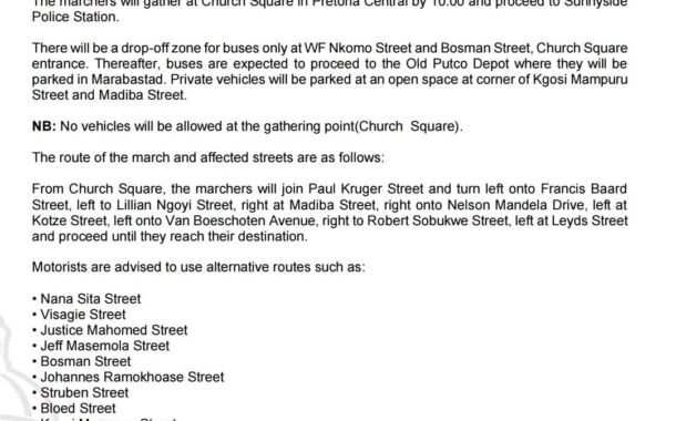 Some streets in Tshwane will be affected by a march on Tuesday
