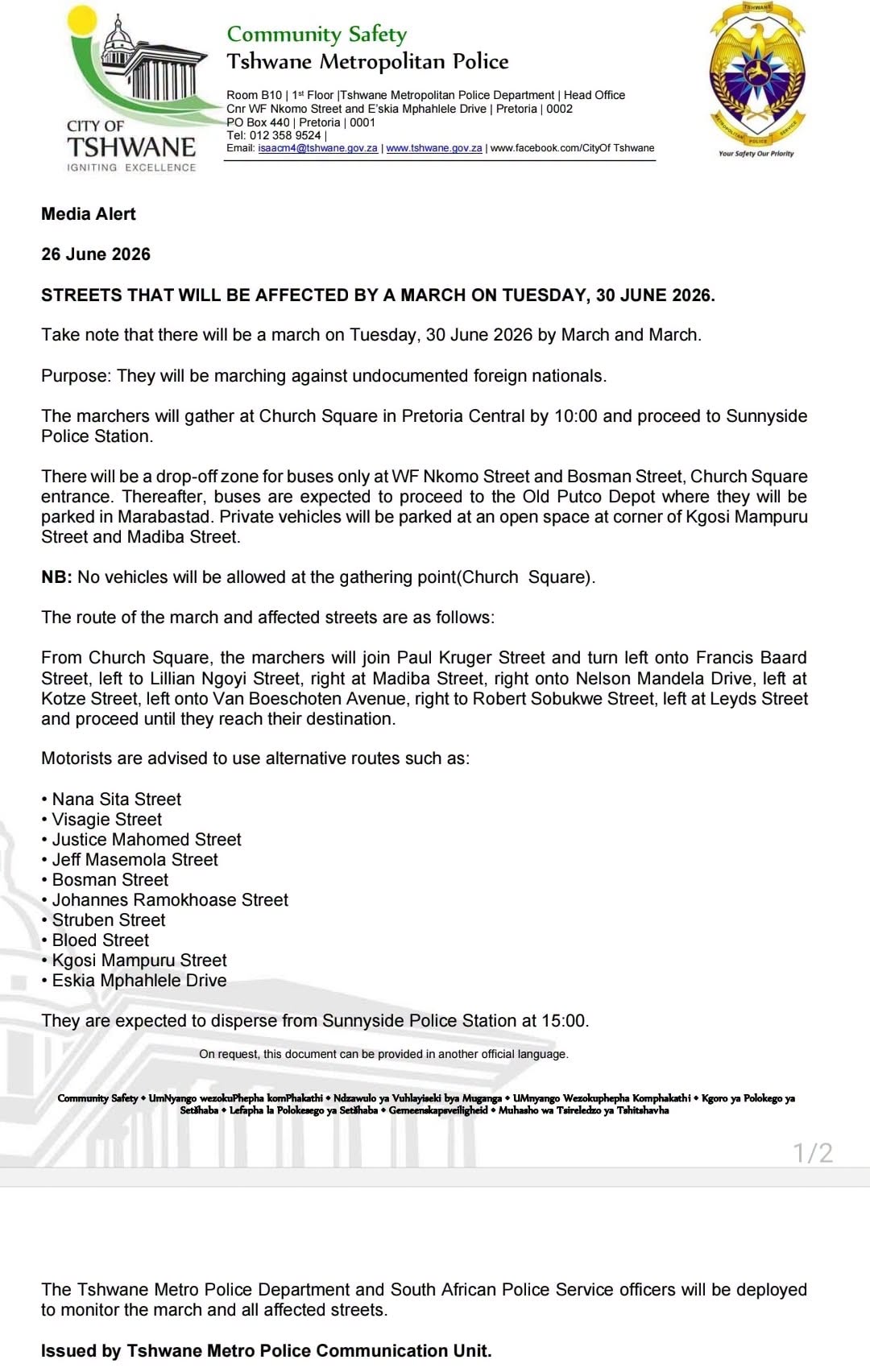 Some streets in Tshwane will be affected by a march on Tuesday
