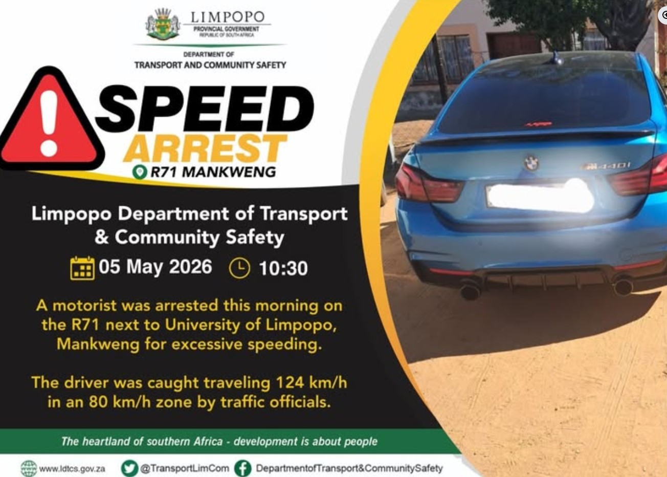 A motorist was arrested this morning on the R71 next to University of Limpopo, Mankweng for excessive speeding
