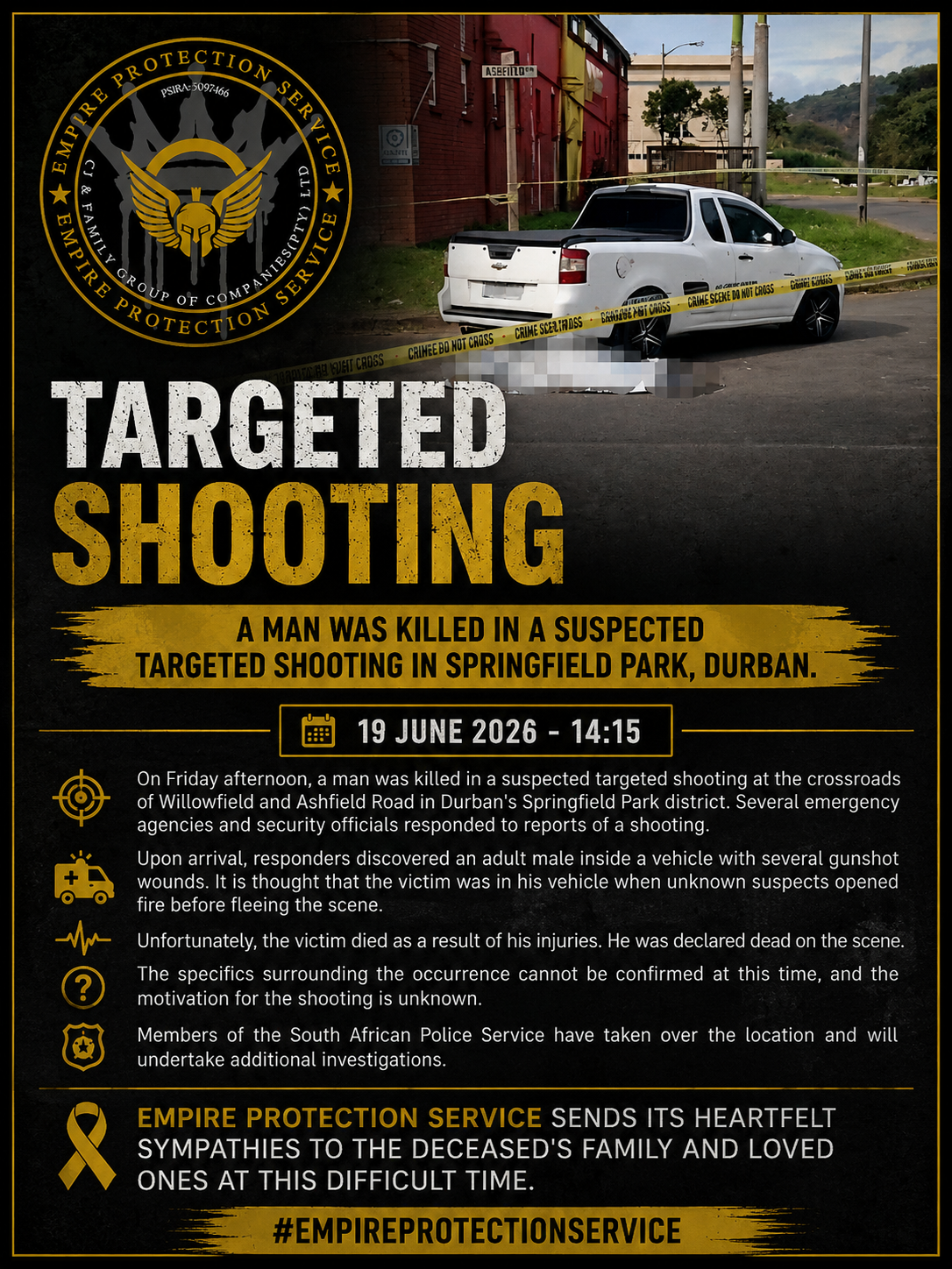 A man was killed in a suspected targeted shooting in Springfield Park, Durban