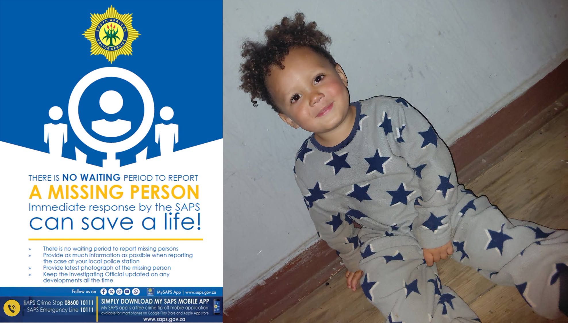 The South African Police Service (SAPS) in Moffatview, Gauteng, is investigating a case of a missing two-year-old toddler